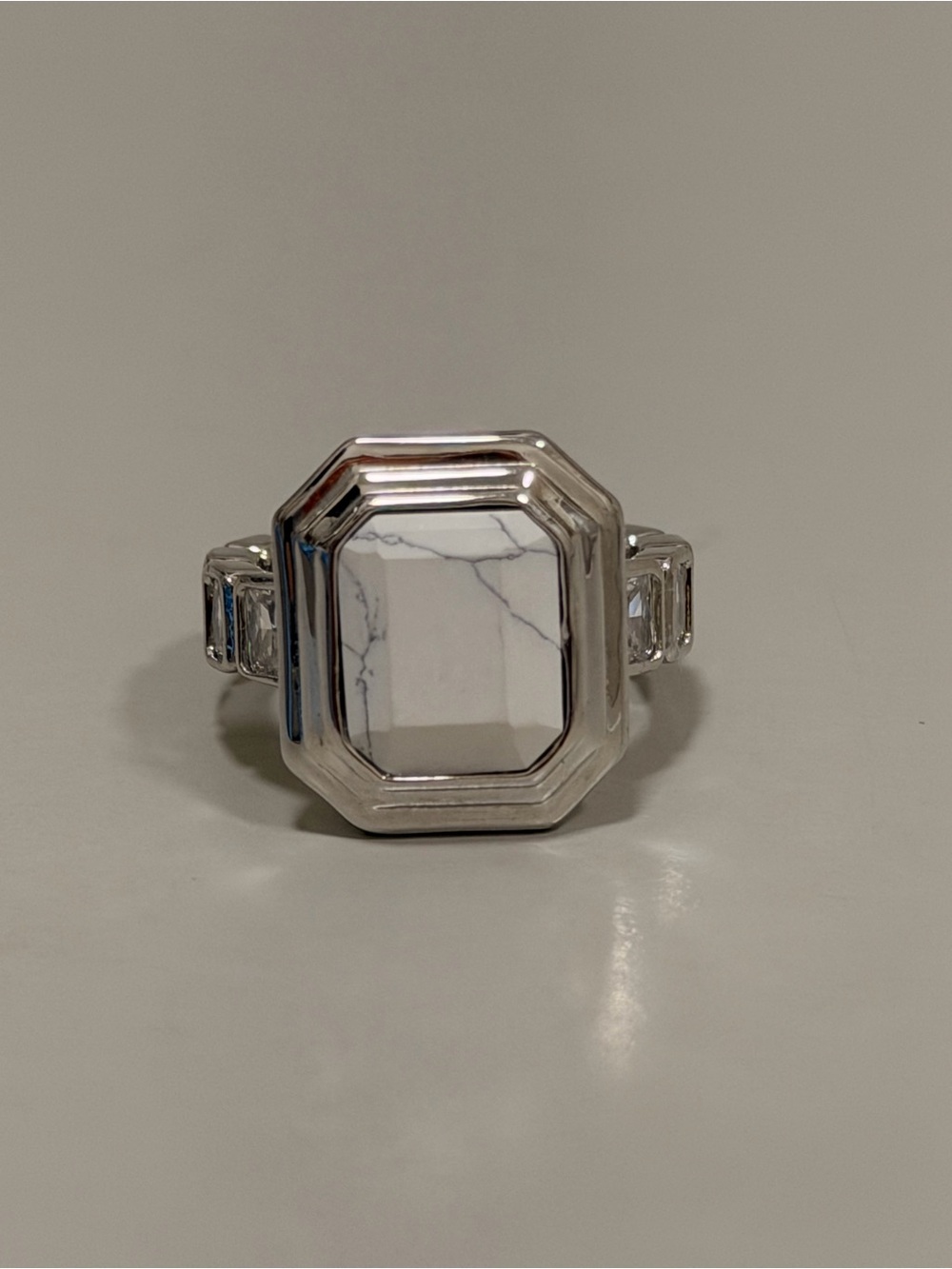 Bomb Party NWOT! Silver-Tone Howlite Octagon Ring - Picture 2 of 6